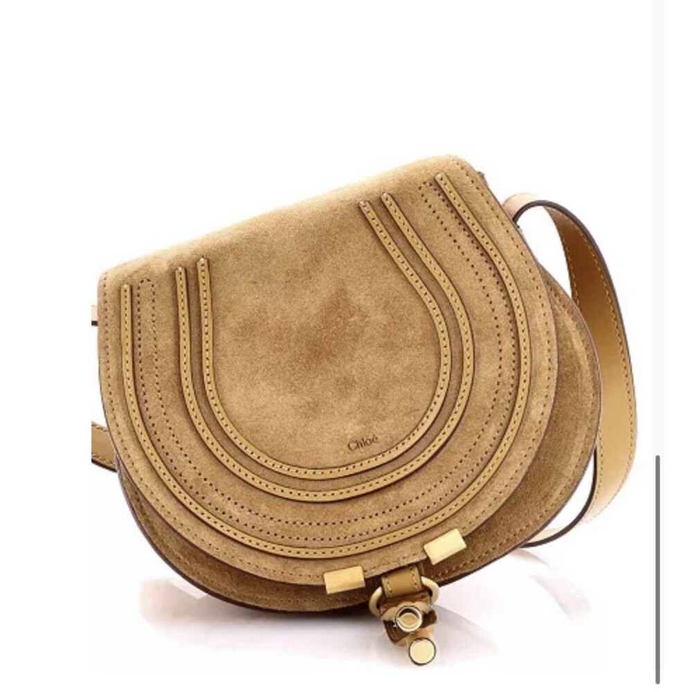 Chloe Marcie Small Suede Brown Khaki Gold Saddle Bag Crossbody
